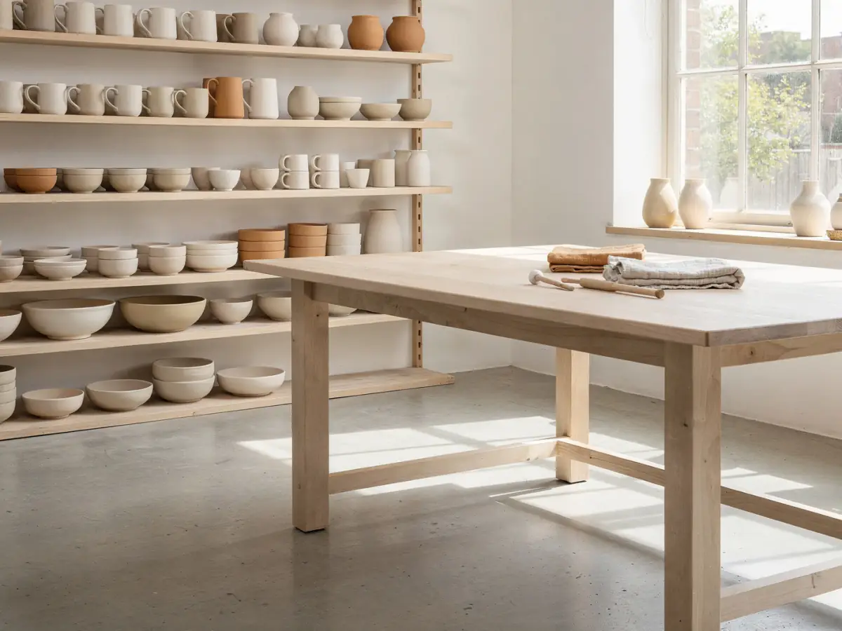 Shelves of finished stoneware in the studio